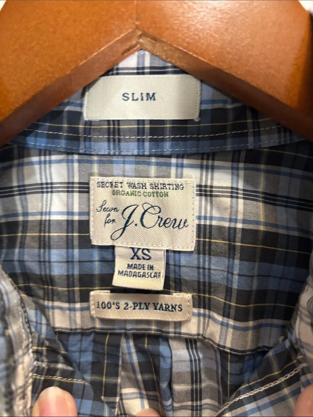 J. Crew Secret Wash Plaid Shirt Slim Fit XS 100% Organic Cotton Blue White EUC